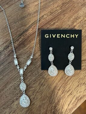 Givenchy Silver Crystal Teardrop Necklace with Matching Drop Earrings